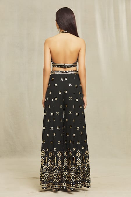 Gopi Vaid Black Georgette Sequins, Mirrors, Embroidery Halter Ishana Blouse And Sharara Set Online at Aza Fashions Gopi Vaid_Black Georgette Sequins, Mirrors, Embroidery Halter Ishana Blouse And Sharara Set _Online_at_Aza_Fashions