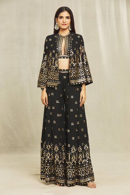 Shop Gopi Vaid Black Georgette Sequins, Mirrors, Embroidery Halter Ishana Blazer Sharara Set Online at Aza Fashions Shop_Gopi Vaid_Black Georgette Sequins, Mirrors, Embroidery Halter Ishana Blazer Sharara Set _Online_at_Aza_Fashions