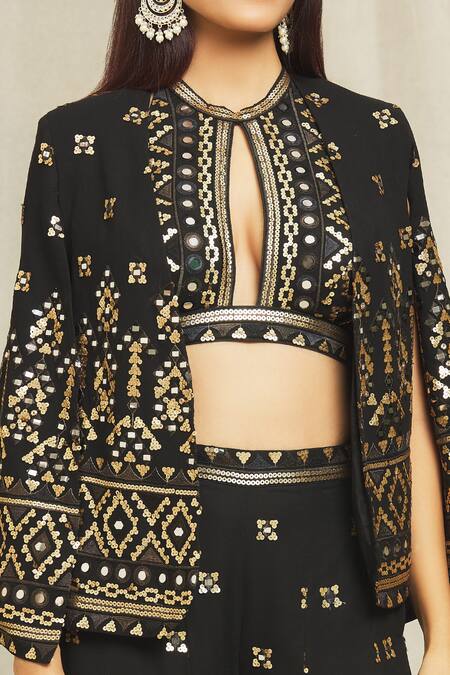 Buy Gopi Vaid Black Georgette Sequins, Mirrors, Embroidery Halter Ishana Blazer Sharara Set Buy_Gopi Vaid_Black Georgette Sequins, Mirrors, Embroidery Halter Ishana Blazer Sharara Set