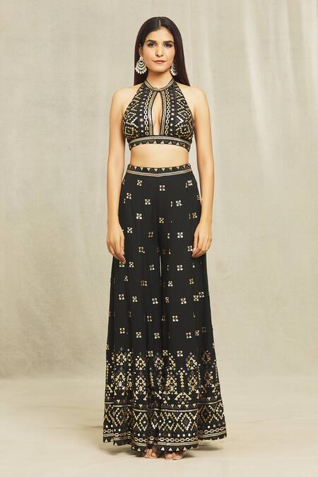 Shop Gopi Vaid Black Georgette Sequins, Mirrors, Embroidery Halter Ishana Blazer Sharara Set Shop_Gopi Vaid_Black Georgette Sequins, Mirrors, Embroidery Halter Ishana Blazer Sharara Set