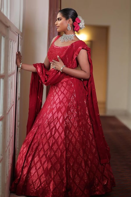 Buy Neha Khullar Red Georgette, Cotton Sequins, Cut Geometric Embroidered Bridal Lehenga Set Online at Aza Fashions Buy_Neha Khullar_Red Georgette, Cotton Sequins, Cut Geometric Embroidered Bridal Lehenga Set _Online_at_Aza_Fashions
