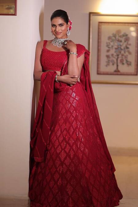 Shop Neha Khullar Red Georgette, Cotton Sequins, Cut Geometric Embroidered Bridal Lehenga Set Online at Aza Fashions Shop_Neha Khullar_Red Georgette, Cotton Sequins, Cut Geometric Embroidered Bridal Lehenga Set _Online_at_Aza_Fashions