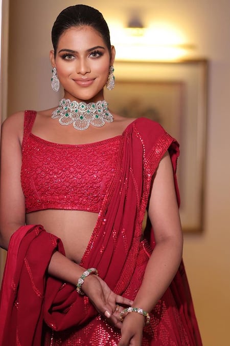 Neha Khullar Red Georgette, Cotton Sequins, Cut Geometric Embroidered Bridal Lehenga Set at Aza Fashions Neha Khullar_Red Georgette, Cotton Sequins, Cut Geometric Embroidered Bridal Lehenga Set _at_Aza_Fashions