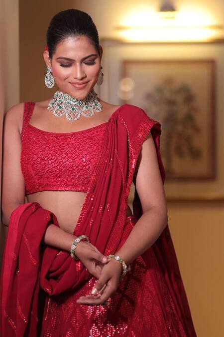 Buy Neha Khullar Red Georgette, Cotton Sequins, Cut Geometric Embroidered Bridal Lehenga Set Buy_Neha Khullar_Red Georgette, Cotton Sequins, Cut Geometric Embroidered Bridal Lehenga Set
