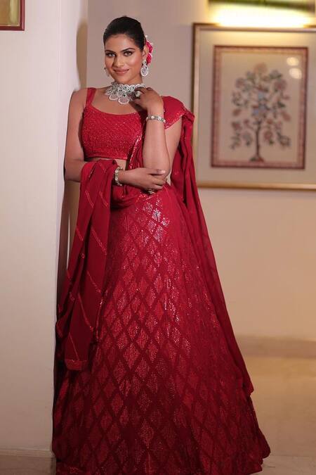 Shop_Neha Khullar_Red Georgette, Cotton Sequins, Cut Geometric Embroidered Bridal Lehenga Set 