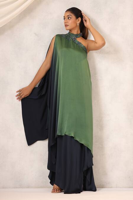 K-Anshika_Blue Georgette Sequins, Beads Asymmetric One-shoulder Embroidered Maxi Dress _Online_at_Aza_Fashions