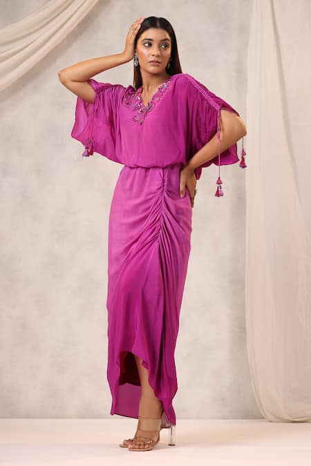 K-Anshika Purple Georgette Sequins, Beads V-neck Floral Embroidered Maxi Dress 