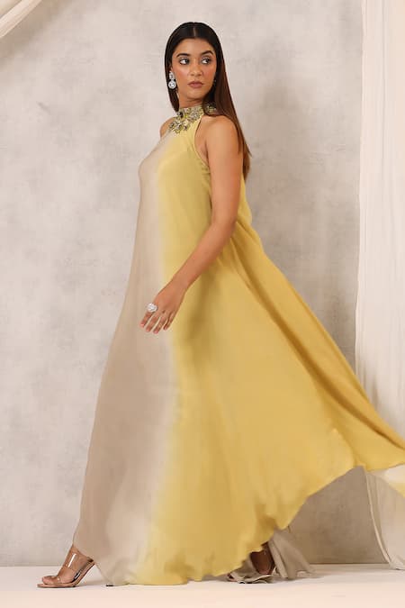 K-Anshika_Beige Georgette Sequins, Beads Halter Neck Floral Motif Maxi Dress _Online_at_Aza_Fashions