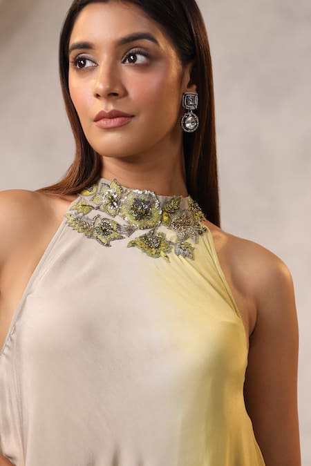 Buy_K-Anshika_Beige Georgette Sequins, Beads Halter Neck Floral Motif Maxi Dress _Online_at_Aza_Fashions