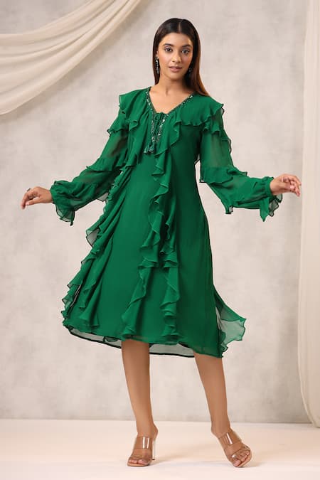 K-Anshika Green Georgette Sequins, Beads V-neck Frilled Midi Dress 