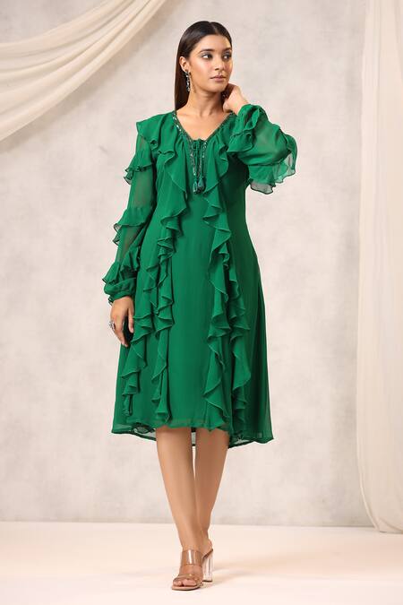 K-Anshika_Green Georgette Sequins, Beads V-neck Frilled Midi Dress _Online_at_Aza_Fashions