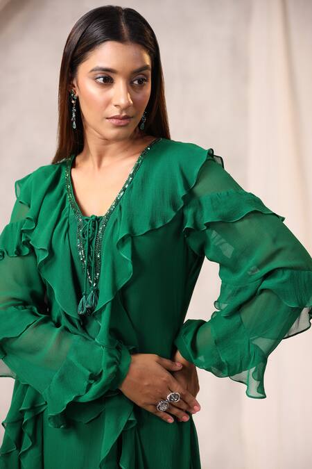 Buy_K-Anshika_Green Georgette Sequins, Beads V-neck Frilled Midi Dress _Online_at_Aza_Fashions