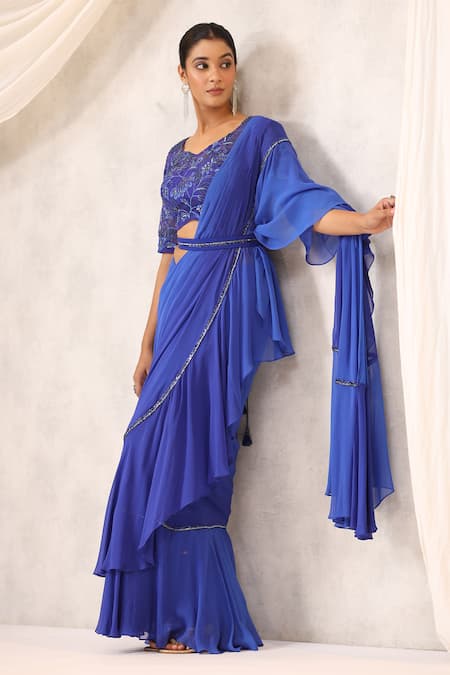 Shop_K-Anshika_Blue Georgette Embroidered Sequin Round V Pre-draped Saree With Blouse _at_Aza_Fashions