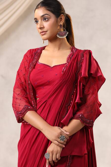 K-Anshika_Maroon Georgette Embroidered Sequin Leaf And Bead Pre-draped Saree With Blouse _Online_at_Aza_Fashions