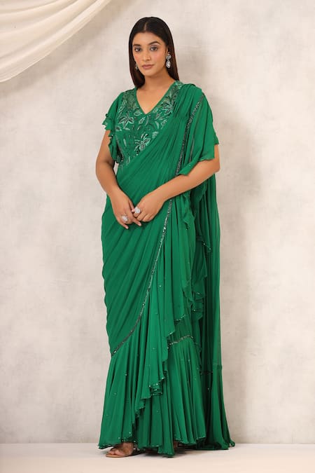 K-Anshika Green Georgette Sequins, Beads V-neck Ruffled Pre-draped Saree With Blouse 