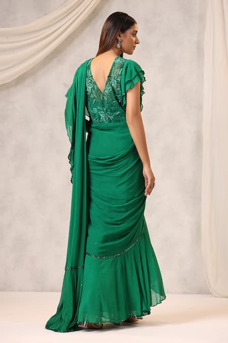 K-Anshika_Green Georgette Sequins, Beads V-neck Ruffled Pre-draped Saree With Blouse _Online_at_Aza_Fashions