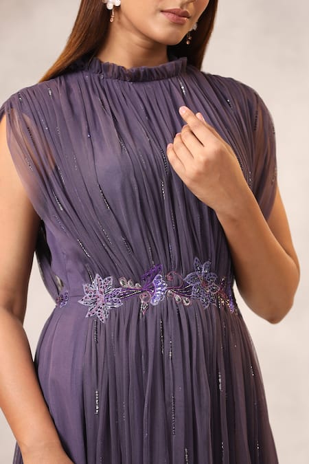 Buy_K-Anshika_Grey Georgette Sequins, Beads High Neck Embellished Gathered Gown _Online_at_Aza_Fashions