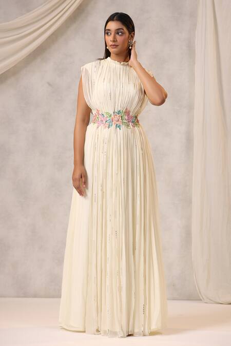 K-Anshika_Off White Georgette Sequins, Beads High Neck Gathered Embellished Gown _Online_at_Aza_Fashions