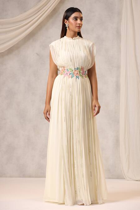 Buy_K-Anshika_Off White Georgette Sequins, Beads High Neck Gathered Embellished Gown _Online_at_Aza_Fashions