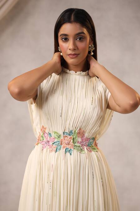 Shop_K-Anshika_Off White Georgette Sequins, Beads High Neck Gathered Embellished Gown _Online_at_Aza_Fashions