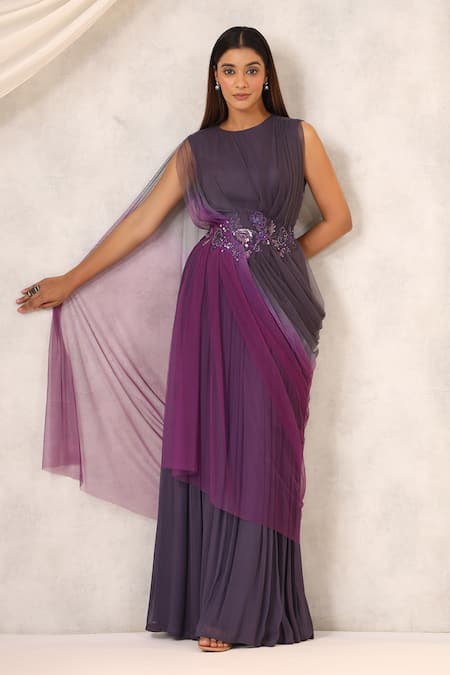 k-anshika Floral Embroidered Gown With Attached Drape 