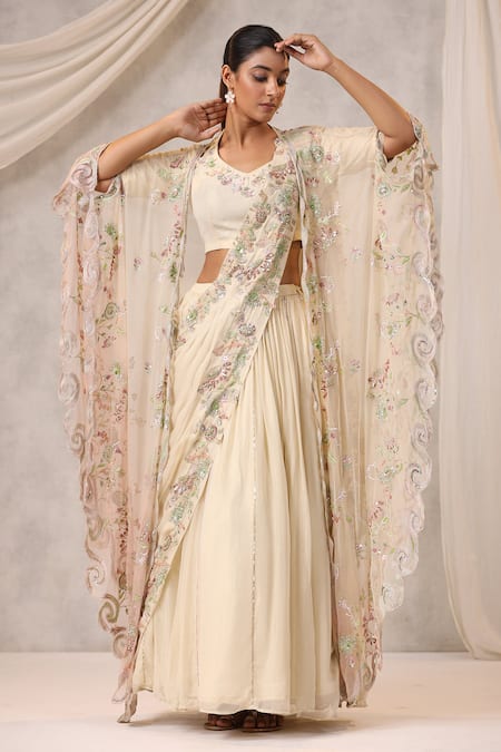 k-anshika Embroidered Lehenga Cutwork Asymmetric Cape Set 