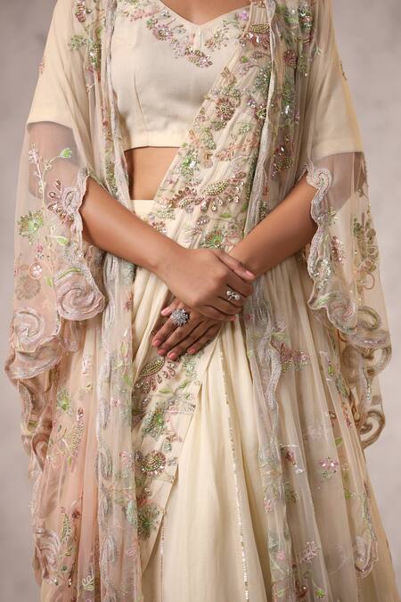 Buy_K-Anshika_Off White Georgette Sequins, Beads, Embroidery V-neck Lehenga Cape Set _Online_at_Aza_Fashions