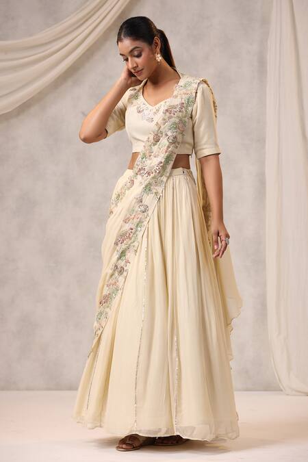 Shop_K-Anshika_Off White Georgette Sequins, Beads, Embroidery V-neck Lehenga Cape Set _Online_at_Aza_Fashions