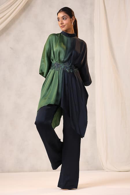 Buy_K-Anshika_Blue Georgette Sequins, Beads Round Floral Embroidered Gathered Tunic And Pant Set _Online_at_Aza_Fashions