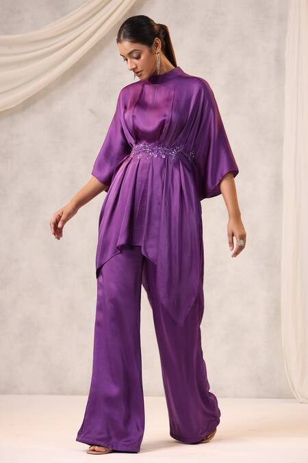K-Anshika_Purple Georgette Embroidered Resham High Floral Embellished Tunic And Pant Set _Online_at_Aza_Fashions