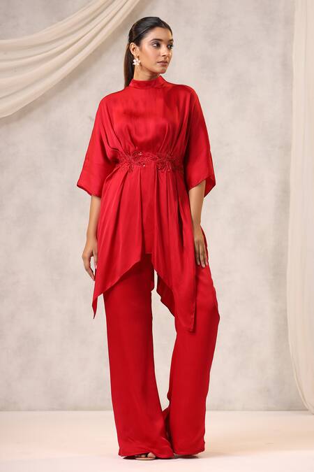 K-Anshika_Red Georgette Embroidered Resham High Round Gathered Tunic And Pant Set _Online_at_Aza_Fashions