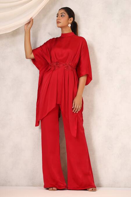 Buy_K-Anshika_Red Georgette Embroidered Resham High Round Gathered Tunic And Pant Set _Online_at_Aza_Fashions