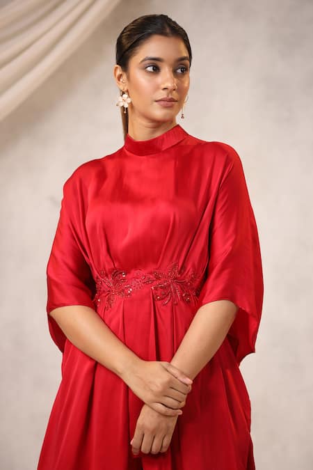 Shop_K-Anshika_Red Georgette Embroidered Resham High Round Gathered Tunic And Pant Set _Online_at_Aza_Fashions