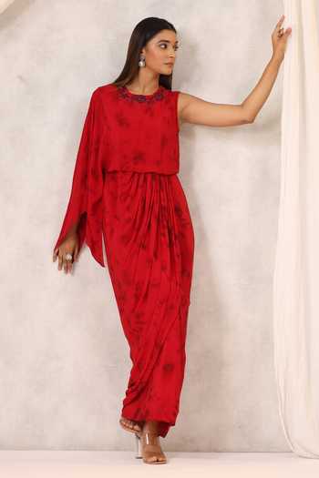 K-Anshika_Red Georgette Sequins, Beads Round Neck Floral Embroidered Gathered Maxi Dress _Online_at_Aza_Fashions