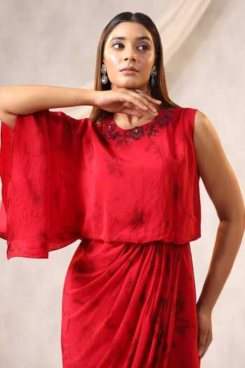 Buy_K-Anshika_Red Georgette Sequins, Beads Round Neck Floral Embroidered Gathered Maxi Dress _Online_at_Aza_Fashions
