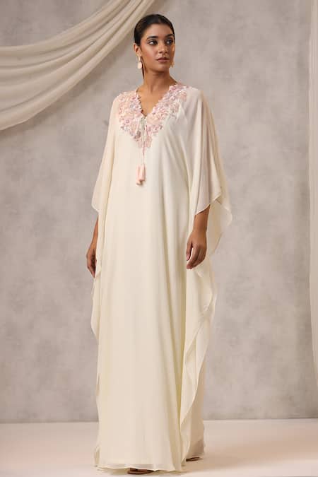 K-Anshika_Off White Georgette Sequins, Beads, Embroidery V-neck Floral Kaftan _Online_at_Aza_Fashions