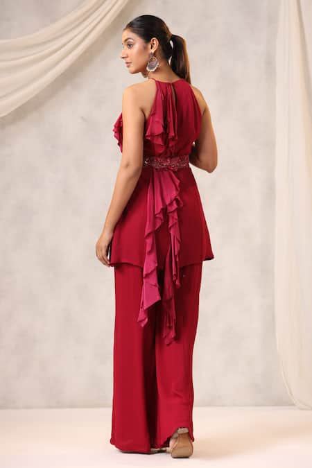 Shop_K-Anshika_Pink Georgette, Net Sequins, Beads Halter Neck Top Pant Set _at_Aza_Fashions