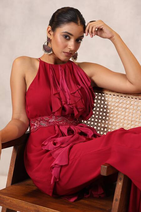 Buy_K-Anshika_Pink Georgette, Net Sequins, Beads Halter Neck Top Pant Set _Online_at_Aza_Fashions