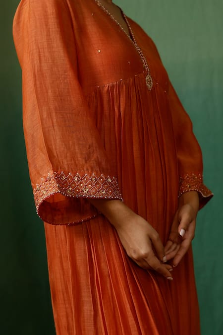 Chokhi Chorri_Orange Cotton Sequins, Zari, Beads Ratnhaar Embroidered Yoke Gathered Dress _Online_at_Aza_Fashions