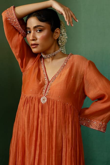 Buy_Chokhi Chorri_Orange Cotton Sequins, Zari, Beads Ratnhaar Embroidered Yoke Gathered Dress _Online_at_Aza_Fashions