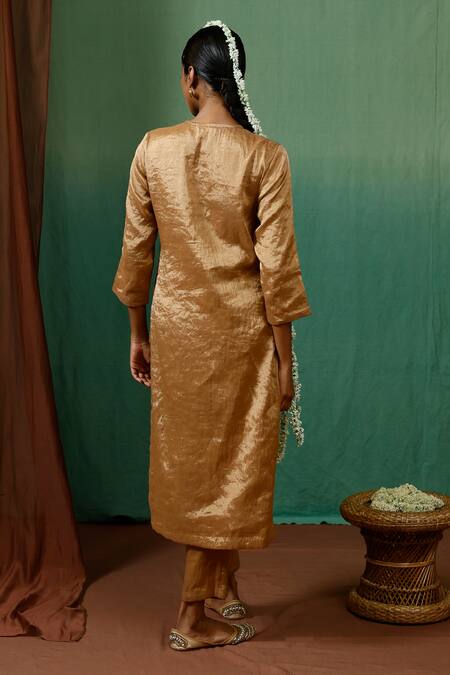 Shop_Chokhi Chorri_Gold Silk Tissue Embroidered Thread And Bead Work Suvarn Straight Kurta & Pant Set _at_Aza_Fashions
