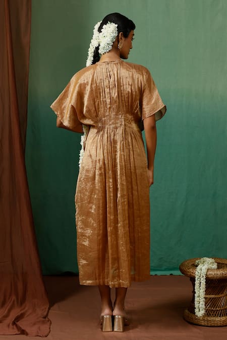 Shop_Chokhi Chorri_Gold Silk, Tissue Beads Round Neck Suvam Smocked Yoke Metallic Kaftan _at_Aza_Fashions