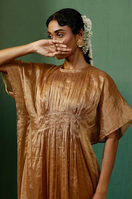 Chokhi Chorri_Gold Silk, Tissue Beads Round Neck Suvam Smocked Yoke Metallic Kaftan _Online_at_Aza_Fashions