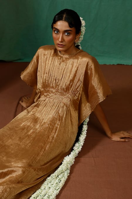 Buy_Chokhi Chorri_Gold Silk, Tissue Beads Round Neck Suvam Smocked Yoke Metallic Kaftan _Online_at_Aza_Fashions