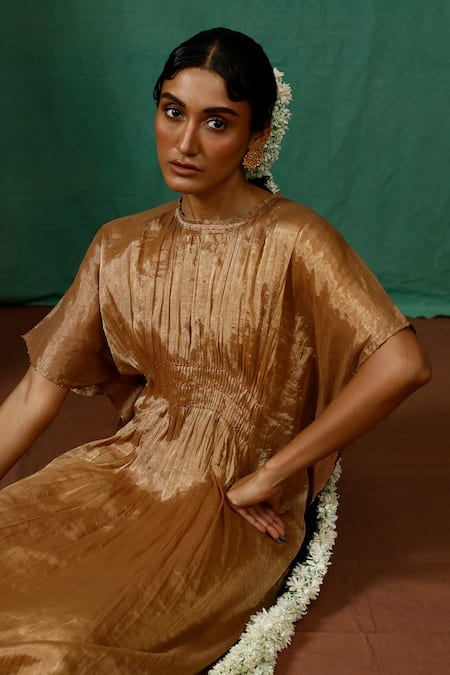 Shop_Chokhi Chorri_Gold Silk, Tissue Beads Round Neck Suvam Smocked Yoke Metallic Kaftan _Online_at_Aza_Fashions
