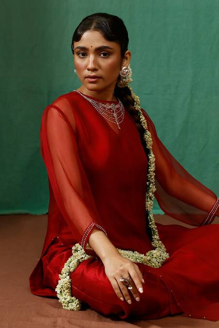 Chokhi Chorri_Red Inner Slip And Pant Silk Embroidered Sequin Kurta Manini Straight & Set _Online_at_Aza_Fashions