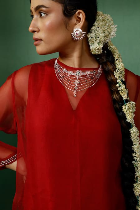 Shop_Chokhi Chorri_Red Inner Slip And Pant Silk Embroidered Sequin Kurta Manini Straight & Set _Online_at_Aza_Fashions