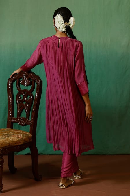 Shop_Chokhi Chorri_Magenta Chanderi, Silk Sequins, Beads Collared Nissa Pleated Kurta And Pant Set _at_Aza_Fashions