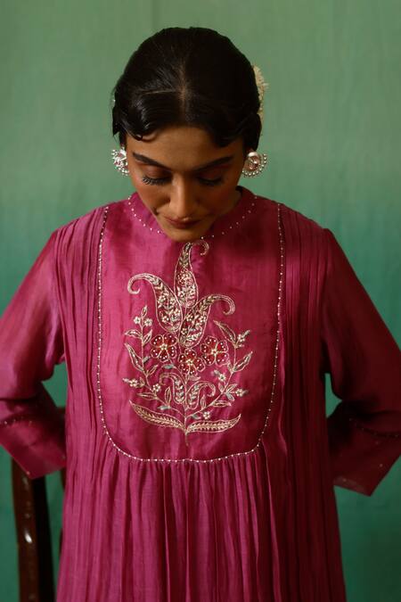 Buy_Chokhi Chorri_Magenta Chanderi, Silk Sequins, Beads Collared Nissa Pleated Kurta And Pant Set _Online_at_Aza_Fashions