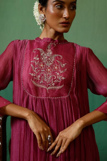 Shop_Chokhi Chorri_Magenta Chanderi, Silk Sequins, Beads Collared Nissa Pleated Kurta And Pant Set _Online_at_Aza_Fashions